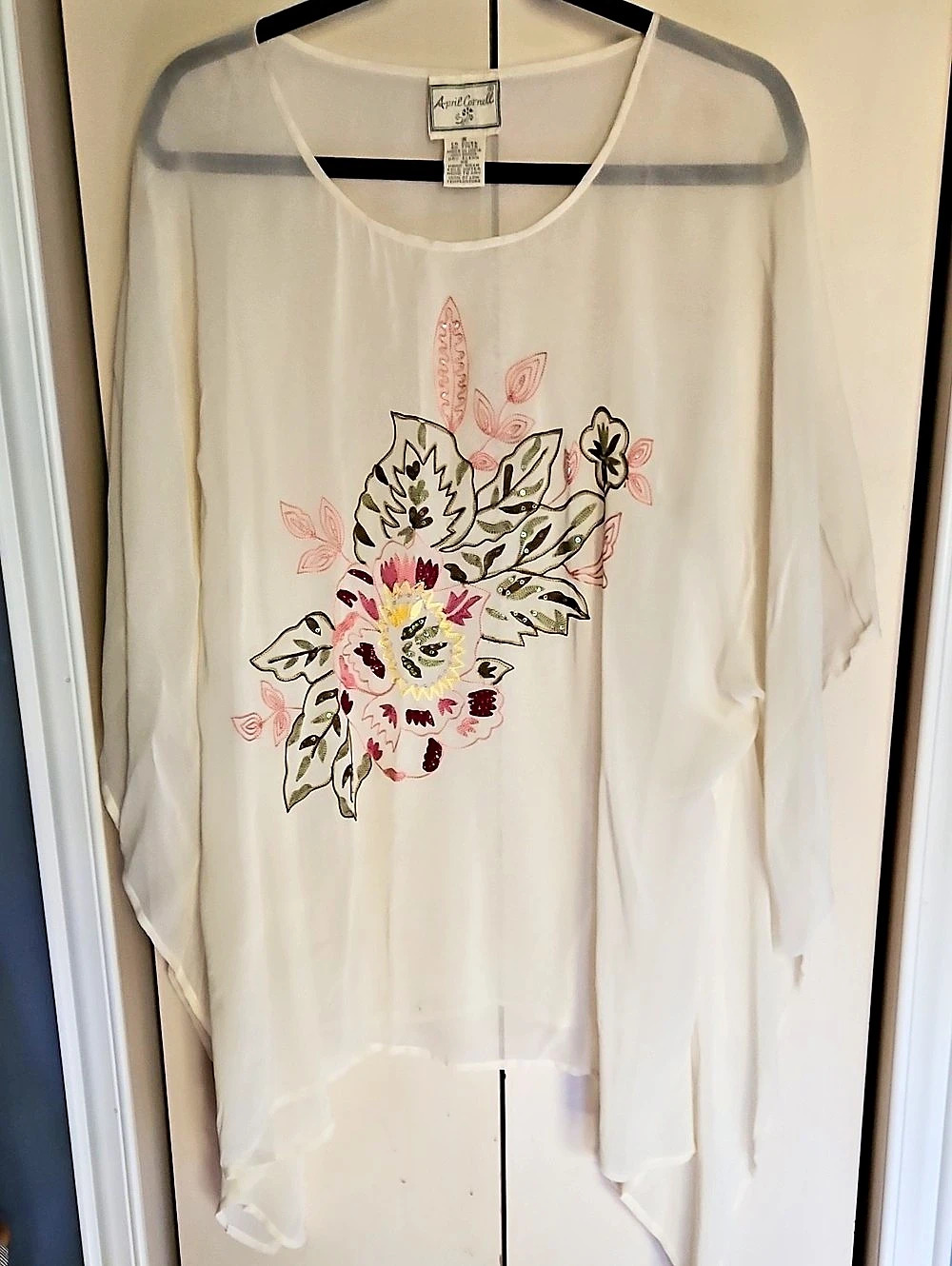 April Cornell Floral Embroidered Blouse in White & Pink Small Poncho Style
